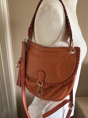 Michael Kors Pebbled Shoulder Bag Orange Gold Hardware Tassel Braided Accent